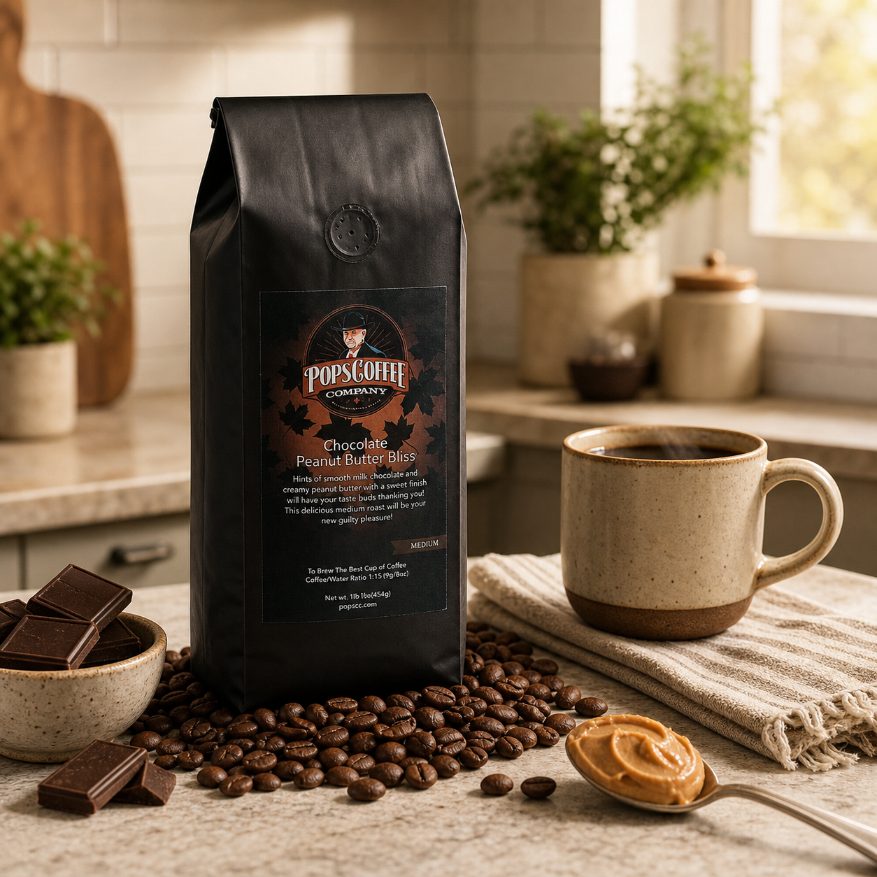 Chocolate Peanut Butter Bliss lifestyle image 1: coffee bag with mug, chocolate squares, and peanut butter on a cozy kitchen counter