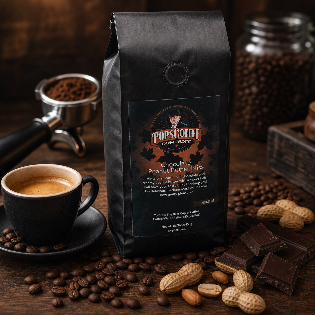 Chocolate Peanut Butter Bliss lifestyle image 2: coffee bag on a rustic coffee bar with espresso cup, chocolate, and peanuts