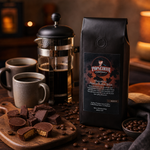 Chocolate Peanut Butter Bliss lifestyle image 5: coffee bag in a warm evening dessert coffee scene with French press and chocolate peanut butter treats