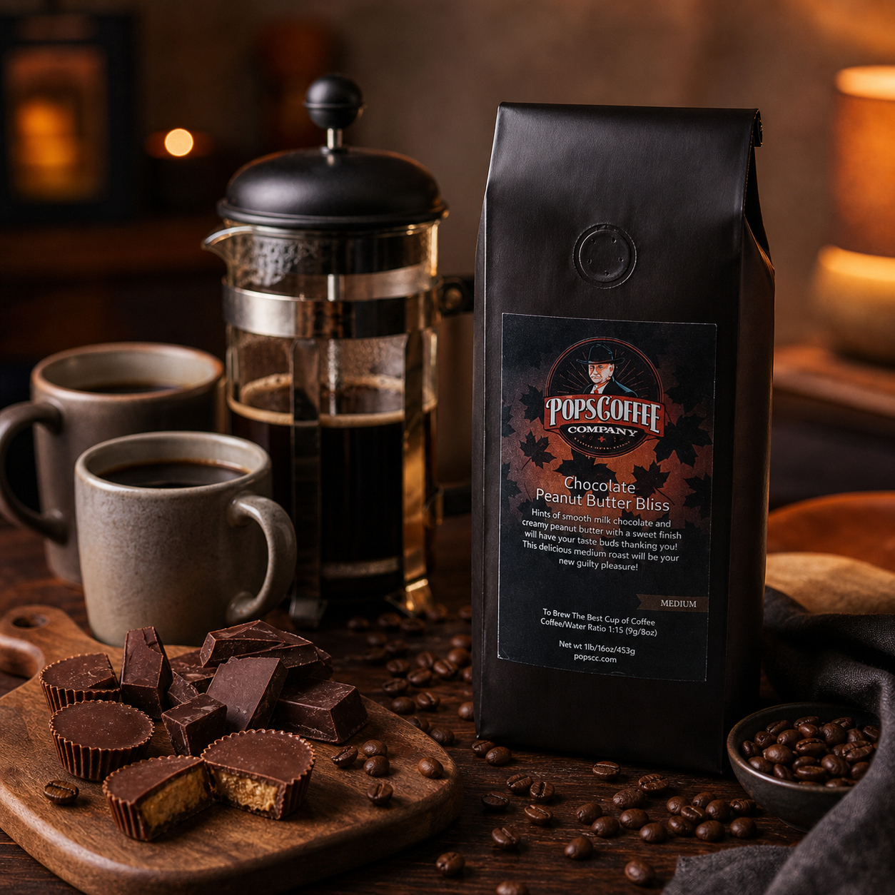 Chocolate Peanut Butter Bliss lifestyle image 5: coffee bag in a warm evening dessert coffee scene with French press and chocolate peanut butter treats