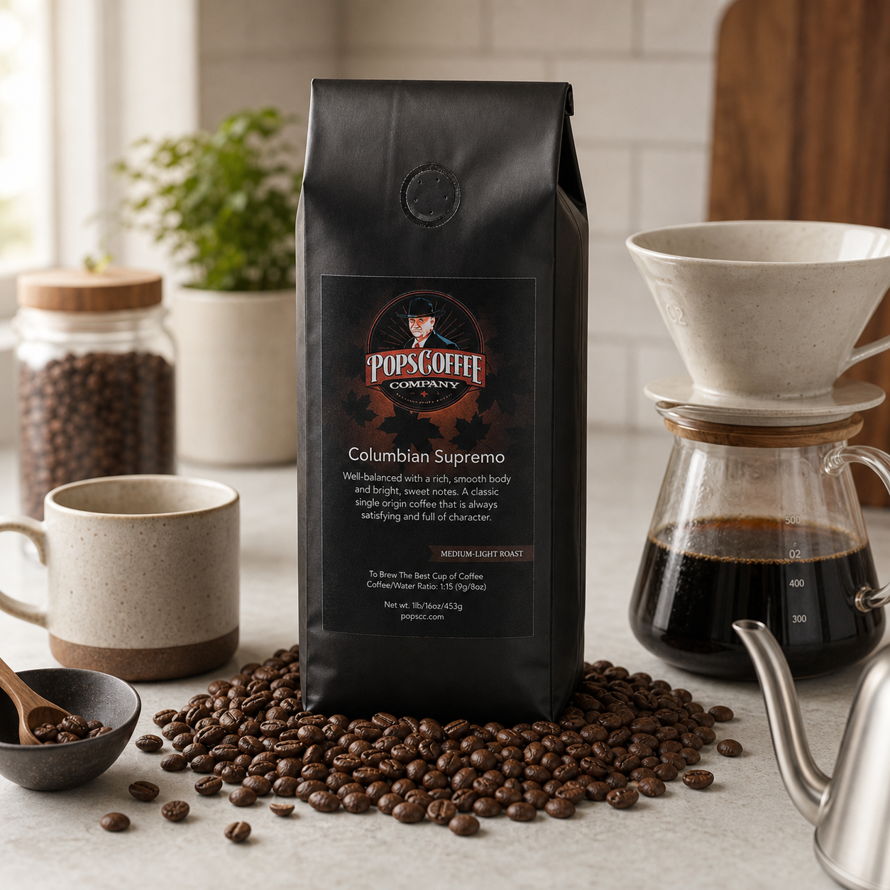 Columbian Supremo lifestyle image 1: Pops Coffee product photography with coffee brewing props and roasted beans