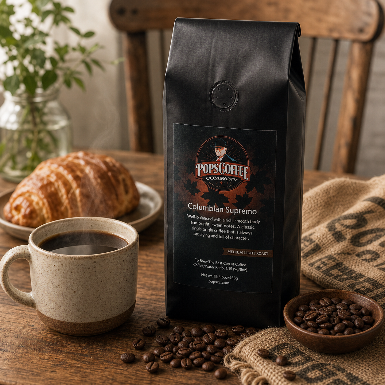 Columbian Supremo lifestyle image 2: Pops Coffee product photography with coffee brewing props and roasted beans