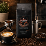 Daniela's Espresso Blend lifestyle image 1: Pops Coffee product photography with coffee brewing props and roasted beans