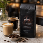 Daniela's Espresso Blend lifestyle image 2: Pops Coffee product photography with coffee brewing props and roasted beans
