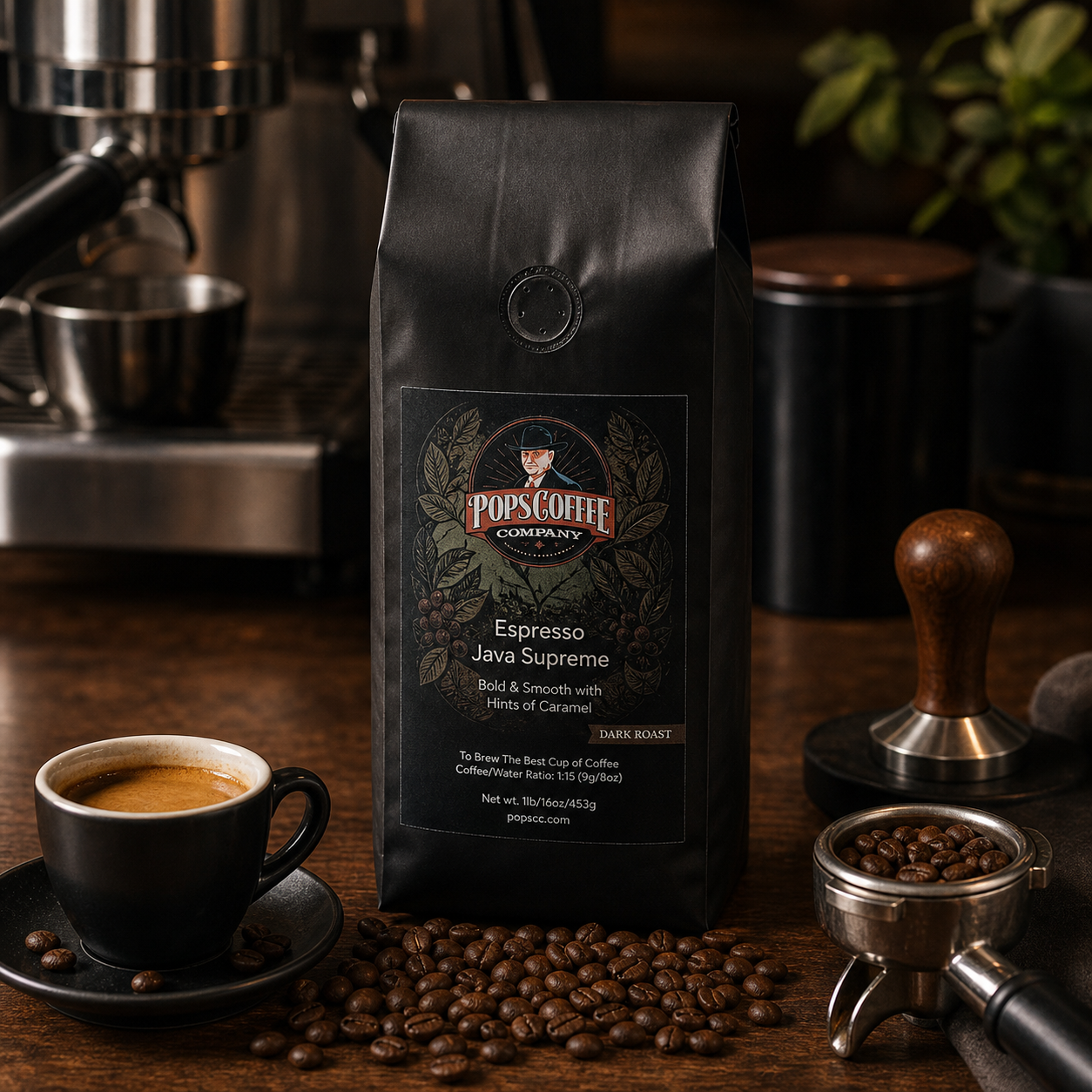 Death By Chocolate lifestyle image 1: Pops Coffee product photography with coffee brewing props and roasted beans