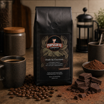 Death By Chocolate lifestyle image 2: Pops Coffee product photography with coffee brewing props and roasted beans
