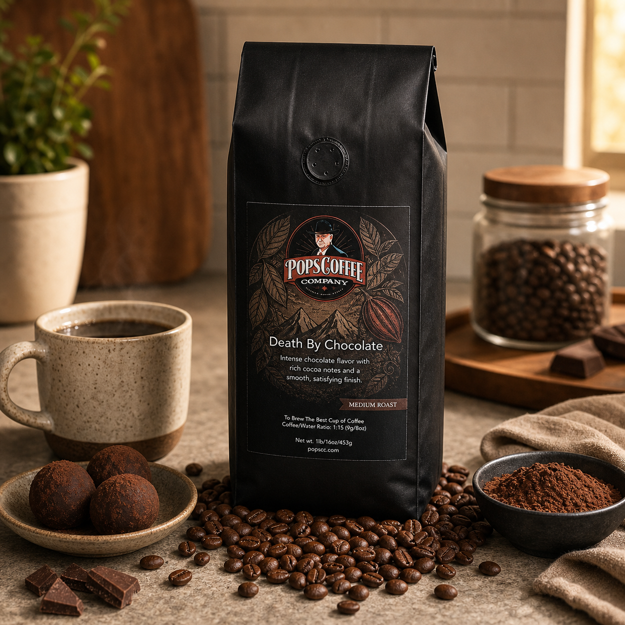 Death By Chocolate lifestyle image 3: Pops Coffee product photography with coffee brewing props and roasted beans