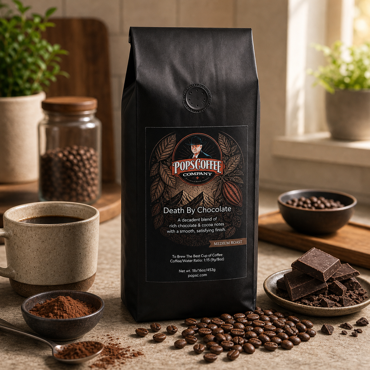 Death By Chocolate lifestyle image 4: Pops Coffee product photography with chocolate, coffee, cocoa, and roasted beans