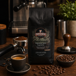 Espresso Java Supreme lifestyle image 1: Pops Coffee product photography with coffee brewing props and roasted beans