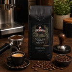 Espresso Java Supreme lifestyle image 2: Pops Coffee product photography with coffee brewing props and roasted beans