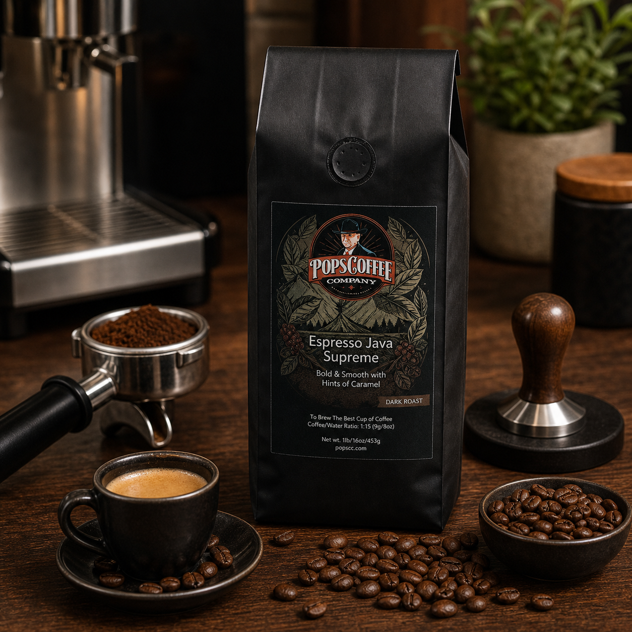 Espresso Java Supreme lifestyle image 2: Pops Coffee product photography with coffee brewing props and roasted beans