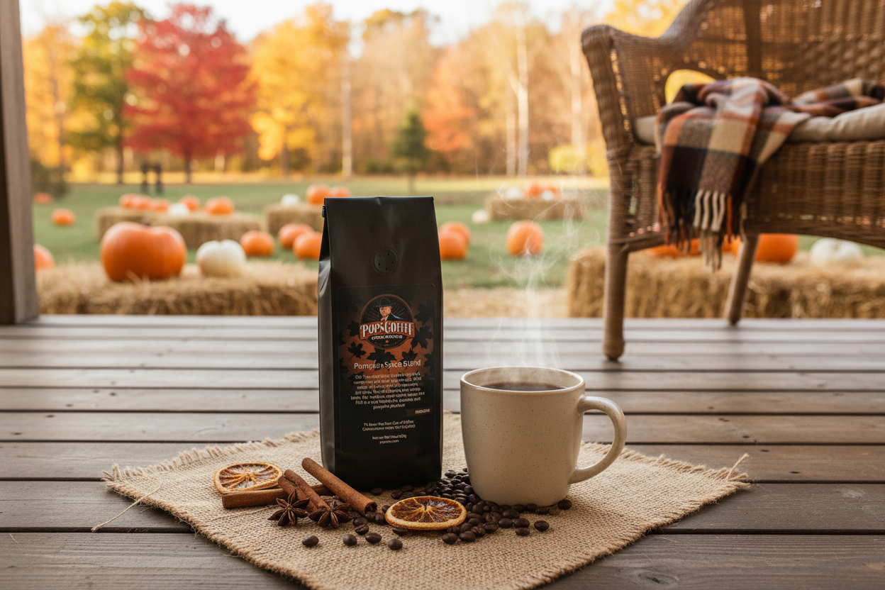 Pops Coffee Company Pumpkin Spice Blend bag on a front porch at a pumpkin patch with hay bales and fall foliage