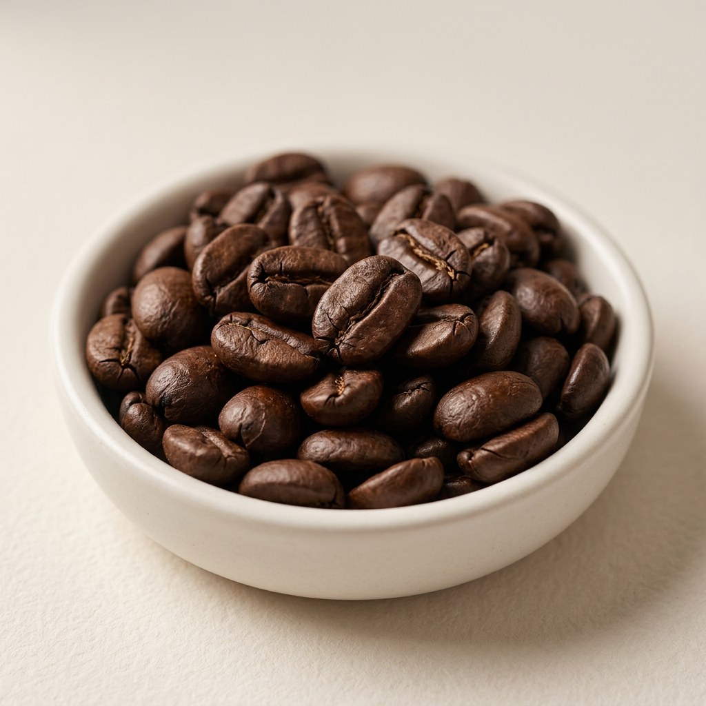 Illustrative close-up of dark-roasted coffee beans in a ceramic dish.