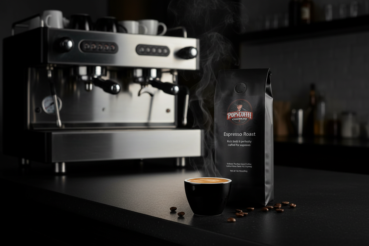 Pops Coffee Company Espresso Roast bag on a dark espresso bar with perfect double espresso shot and gleaming machine