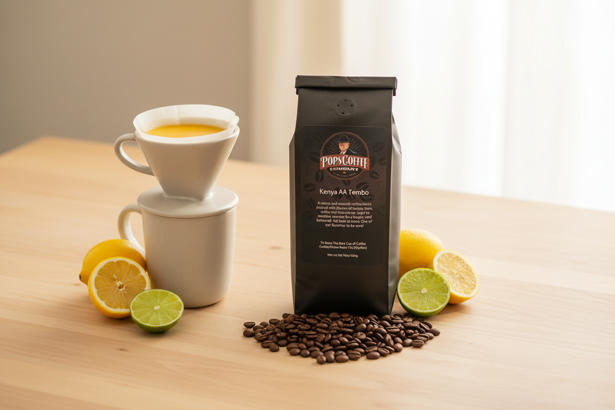 Pops Coffee Company Kenya AA Tembo bag with pour-over dripper and bright coffee with citrus notes