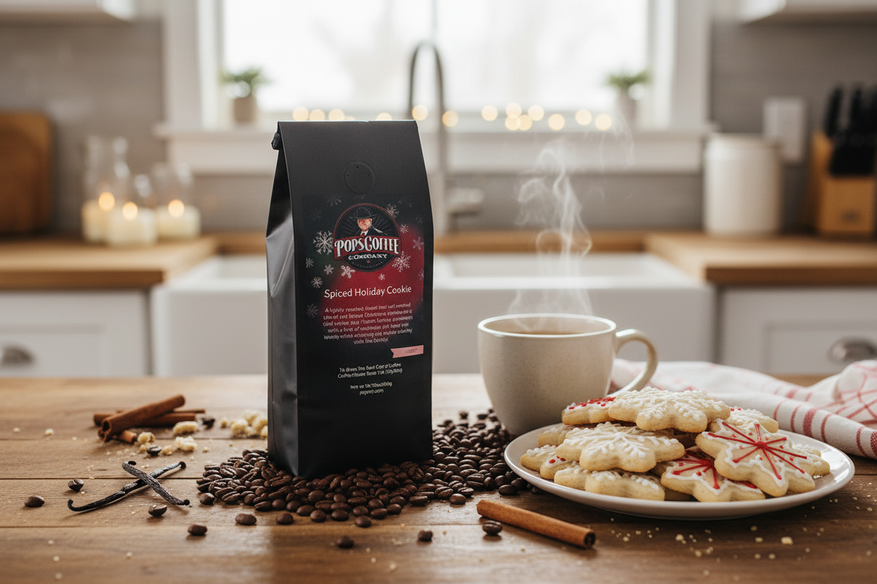 Pops Coffee Company Spiced Holiday Cookie bag on a kitchen counter with freshly baked Christmas cookies and steaming mug