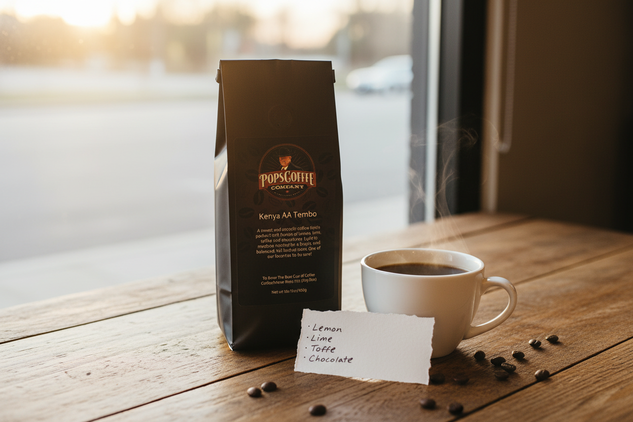 Pops Coffee Company Kenya AA Tembo bag on a cafe table with black coffee and handwritten tasting notes card