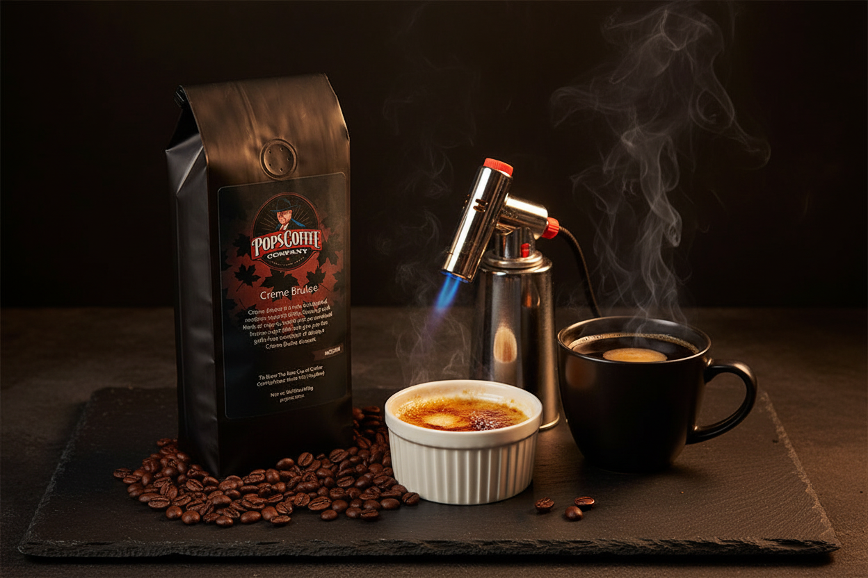 Pops Coffee Company Creme Brulee bag on dark slate with kitchen torch, caramelized ramekin and steaming coffee