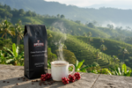 Pops Coffee Company Costa Rican La Manita bag on stone at a Costa Rican coffee farm with volcanic hillside terraces