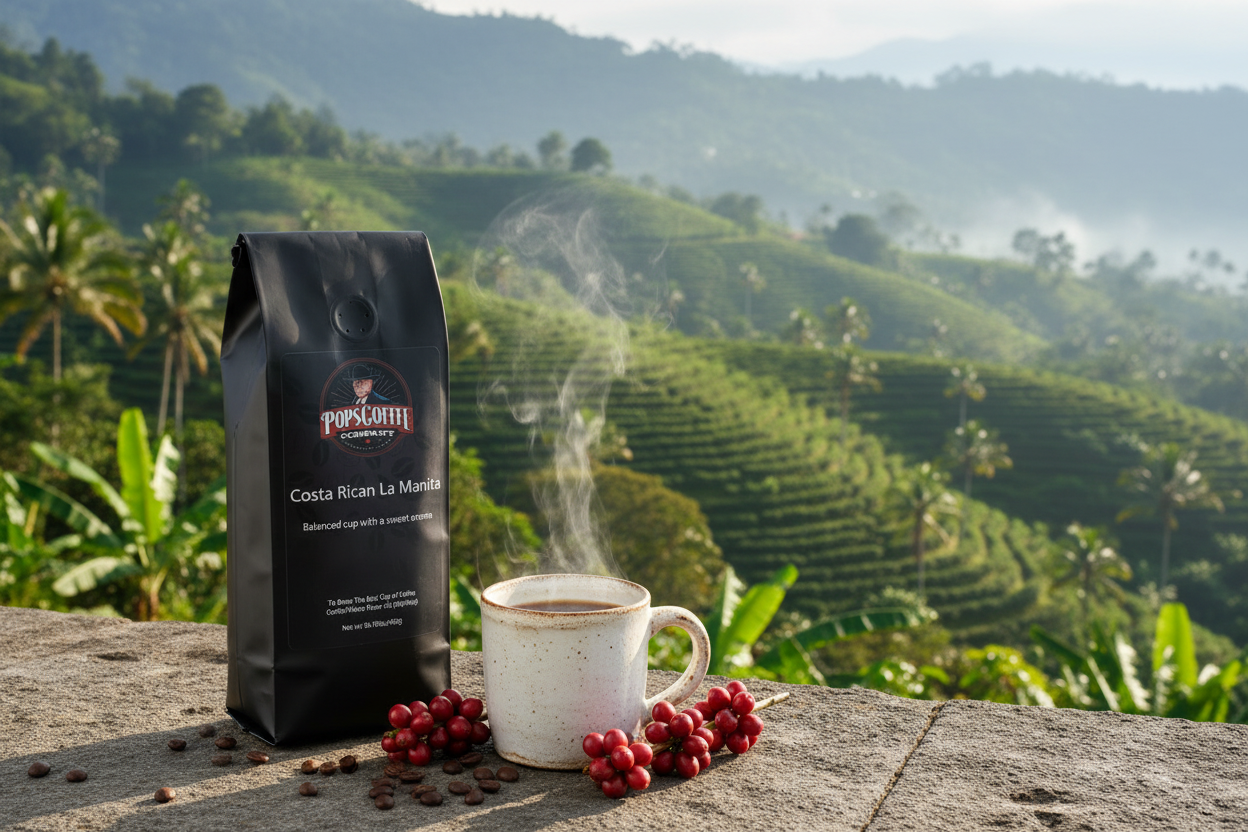 Pops Coffee Company Costa Rican La Manita bag on stone at a Costa Rican coffee farm with volcanic hillside terraces
