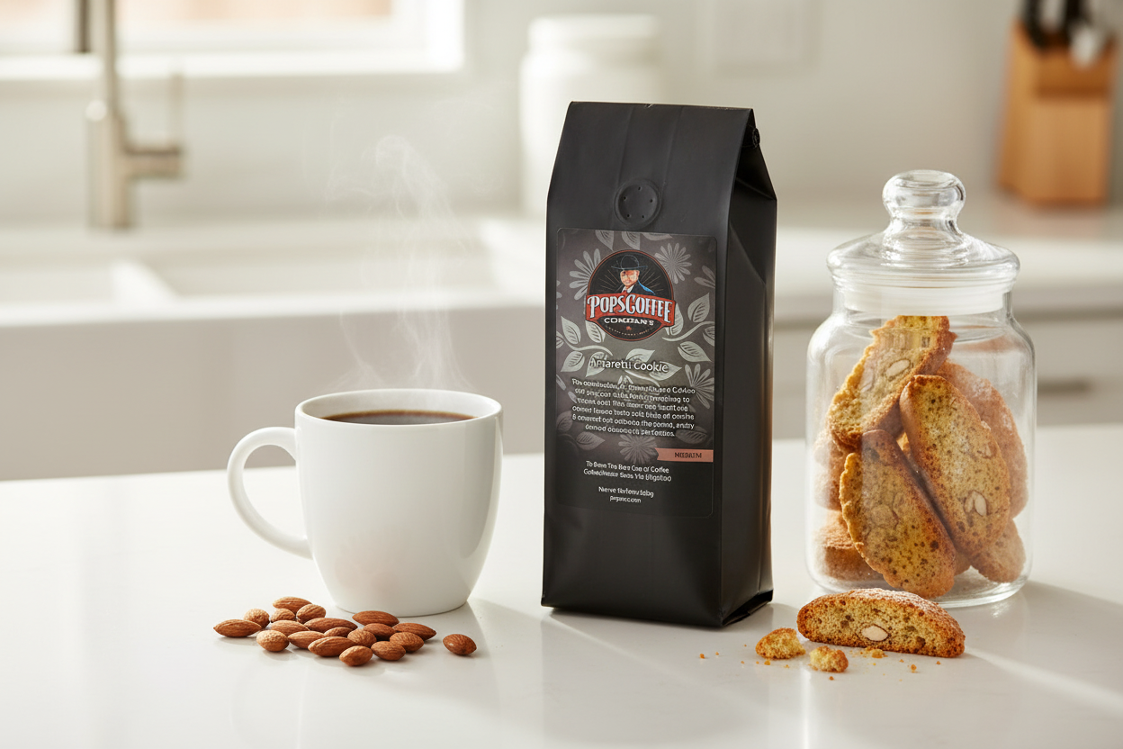 Pops Coffee Company Amaretti Cookie bag on a bright white kitchen counter with steaming coffee and almond biscotti