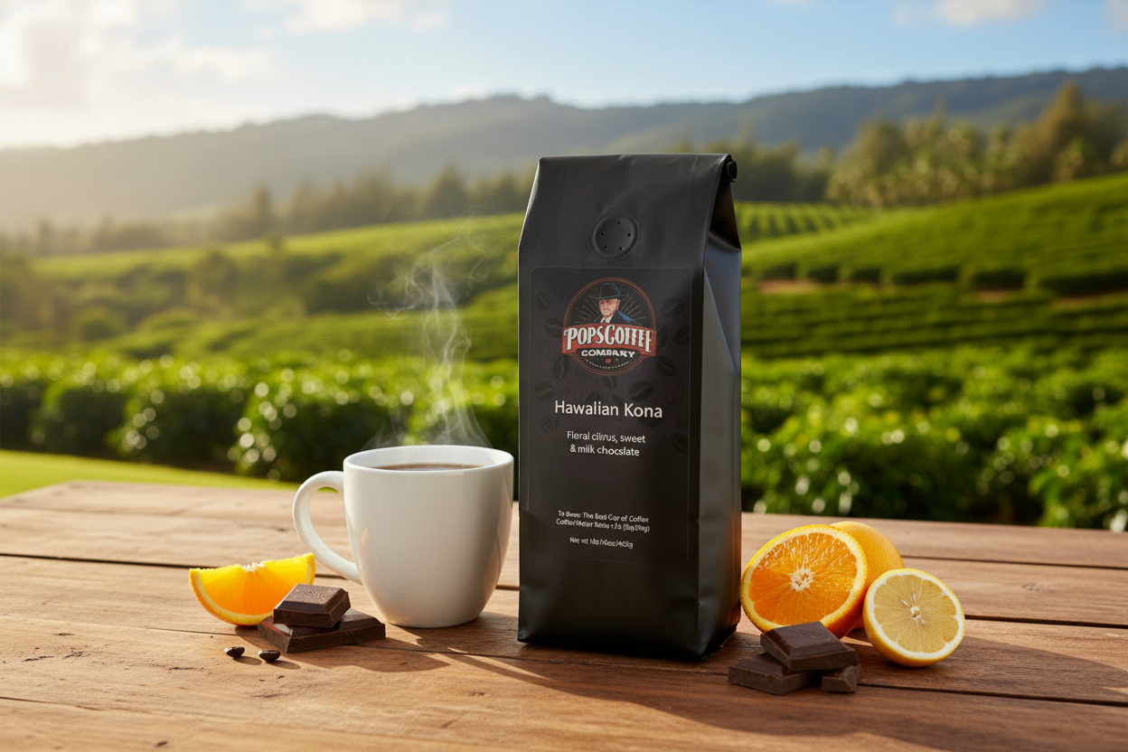 Pops Coffee Company Hawaiian Kona bag on a tropical Hawaiian lanai with steaming coffee, citrus and milk chocolate
