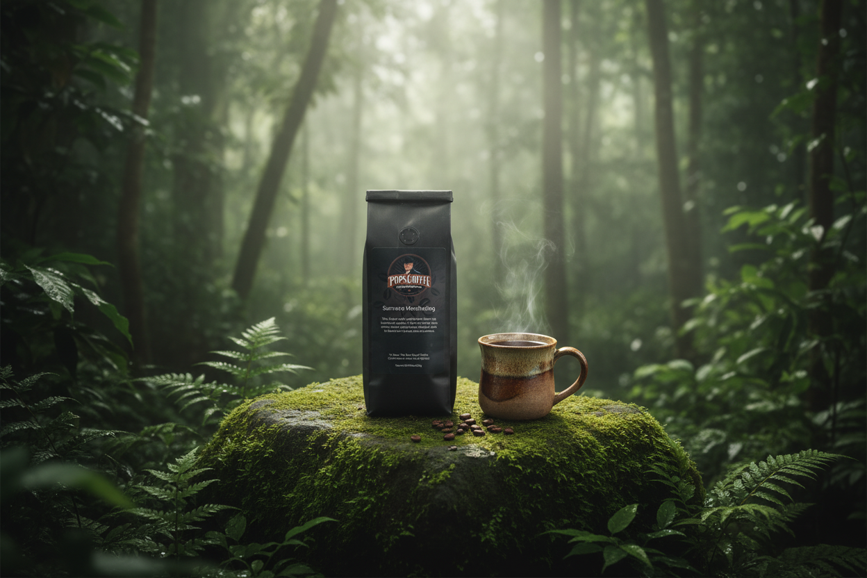 Pops Coffee Company Sumatra Mandheling bag on mossy stone in a lush Indonesian jungle rainforest with misty atmosphere