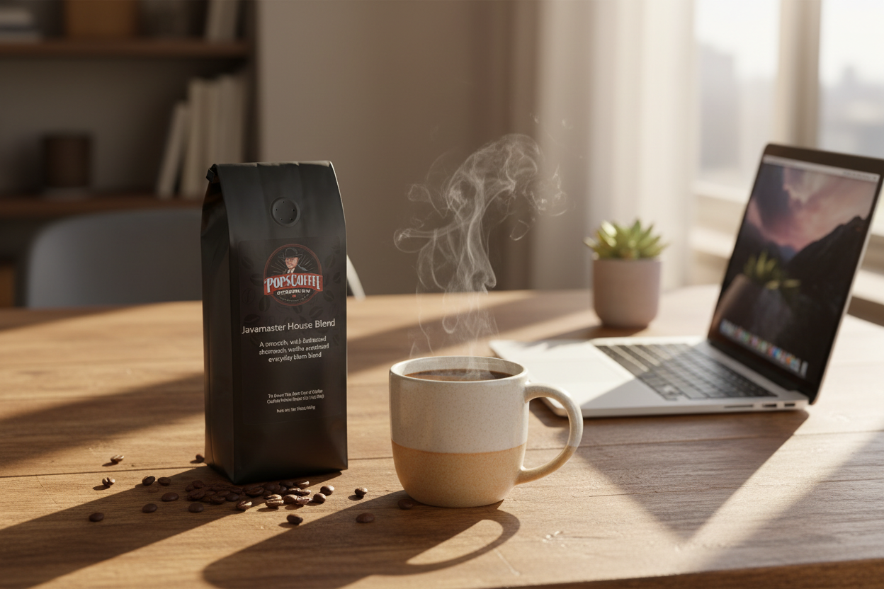 Pops Coffee Company Javamaster House Blend bag on a cozy home office desk with steaming coffee and open laptop