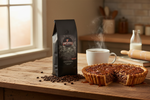 Pops Coffee Company Bourbon Pecan Torte bag on a farmhouse kitchen table with steaming coffee and freshly baked pecan pie