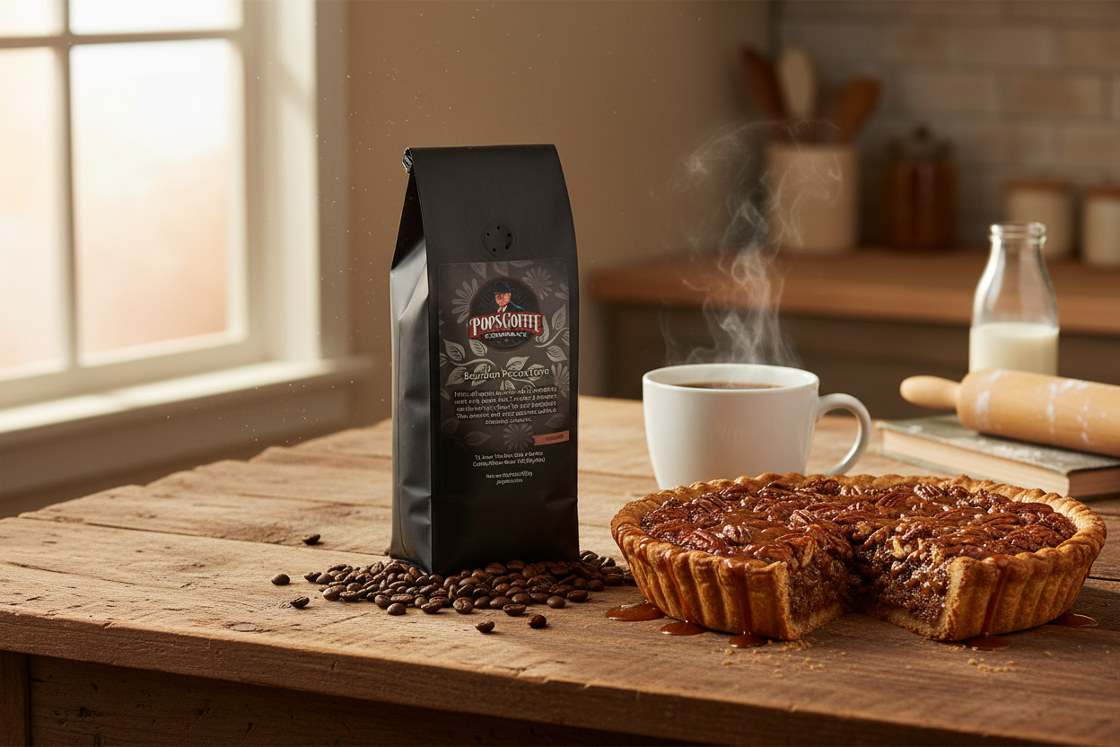 Pops Coffee Company Bourbon Pecan Torte bag on a farmhouse kitchen table with steaming coffee and freshly baked pecan pie