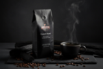 Pops Coffee Company French Roast bag on dark slate with steaming bold dark coffee, smoke wisps and dark roasted beans