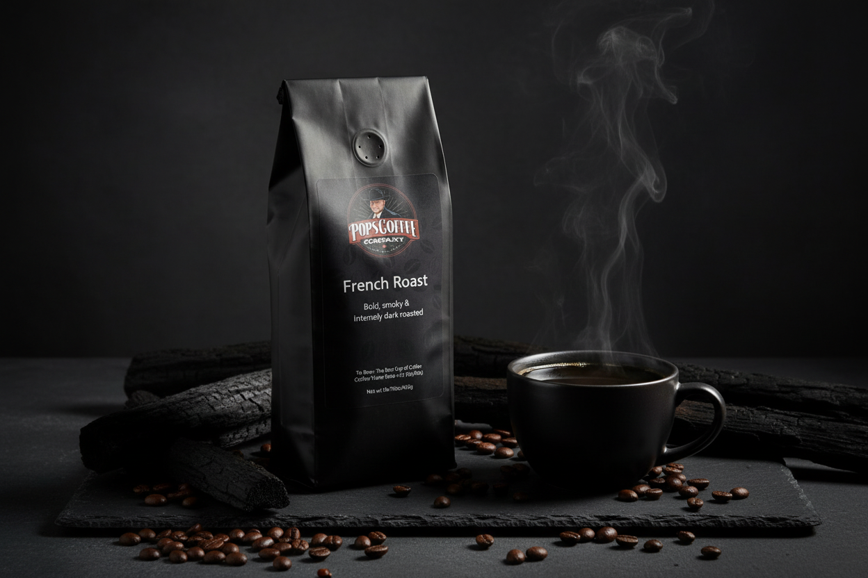 Pops Coffee Company French Roast bag on dark slate with steaming bold dark coffee, smoke wisps and dark roasted beans
