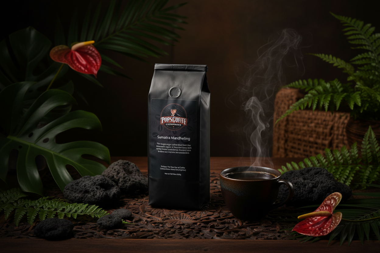Pops Coffee Company Sumatra Mandheling bag in a moody Indonesian-inspired setting with tropical leaves and steaming coffee