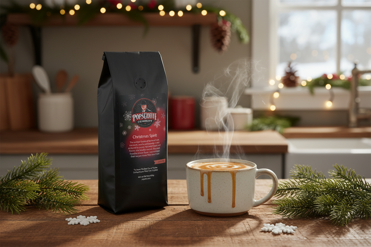 Pops Coffee Company Christmas Spirit bag on a wooden table in a cozy holiday kitchen with evergreen sprigs and snowflake ornaments