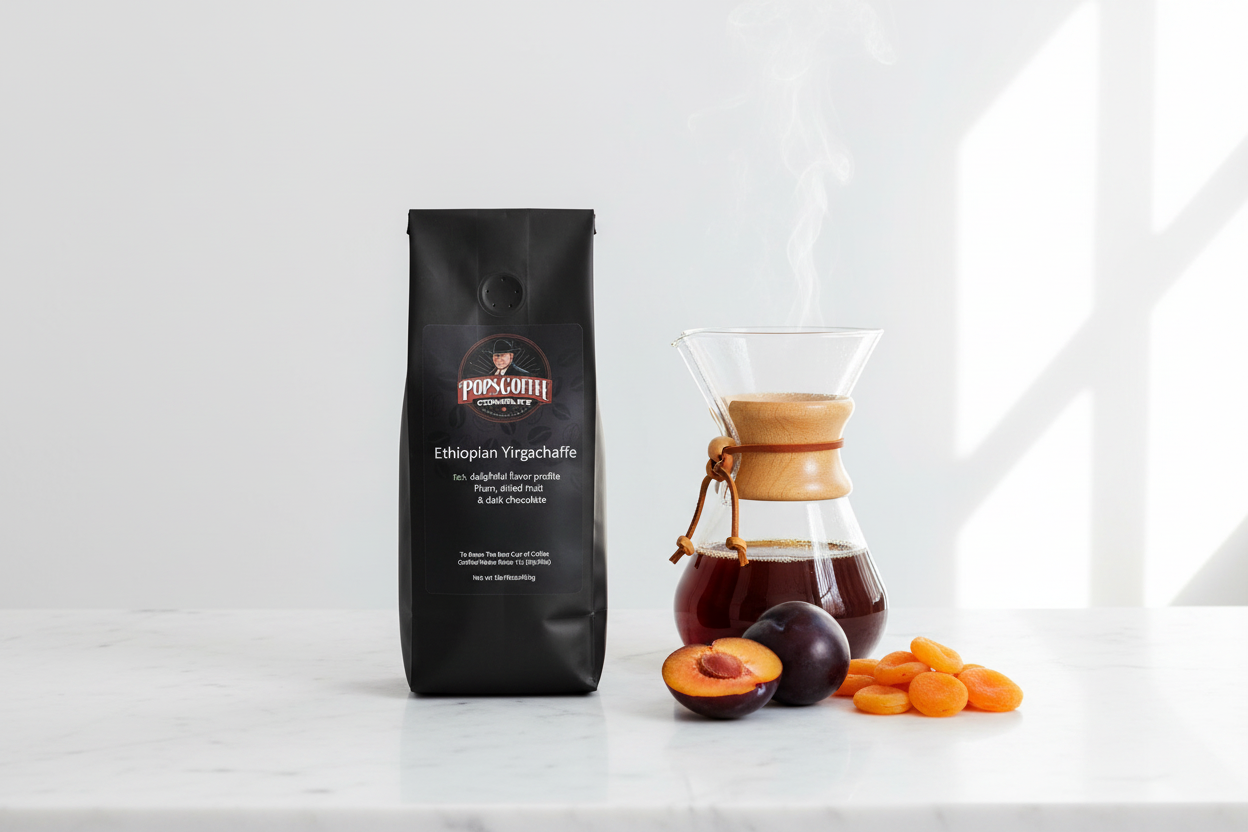 Pops Coffee Company Ethiopian Yirgachaffe bag on white marble with Chemex, vibrant amber coffee and fresh plums