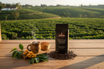 Pops Coffee Company Brazil Bela Vista Yellow Bourbon bag on a Brazilian fazenda porch with yellow bourbon coffee cherries