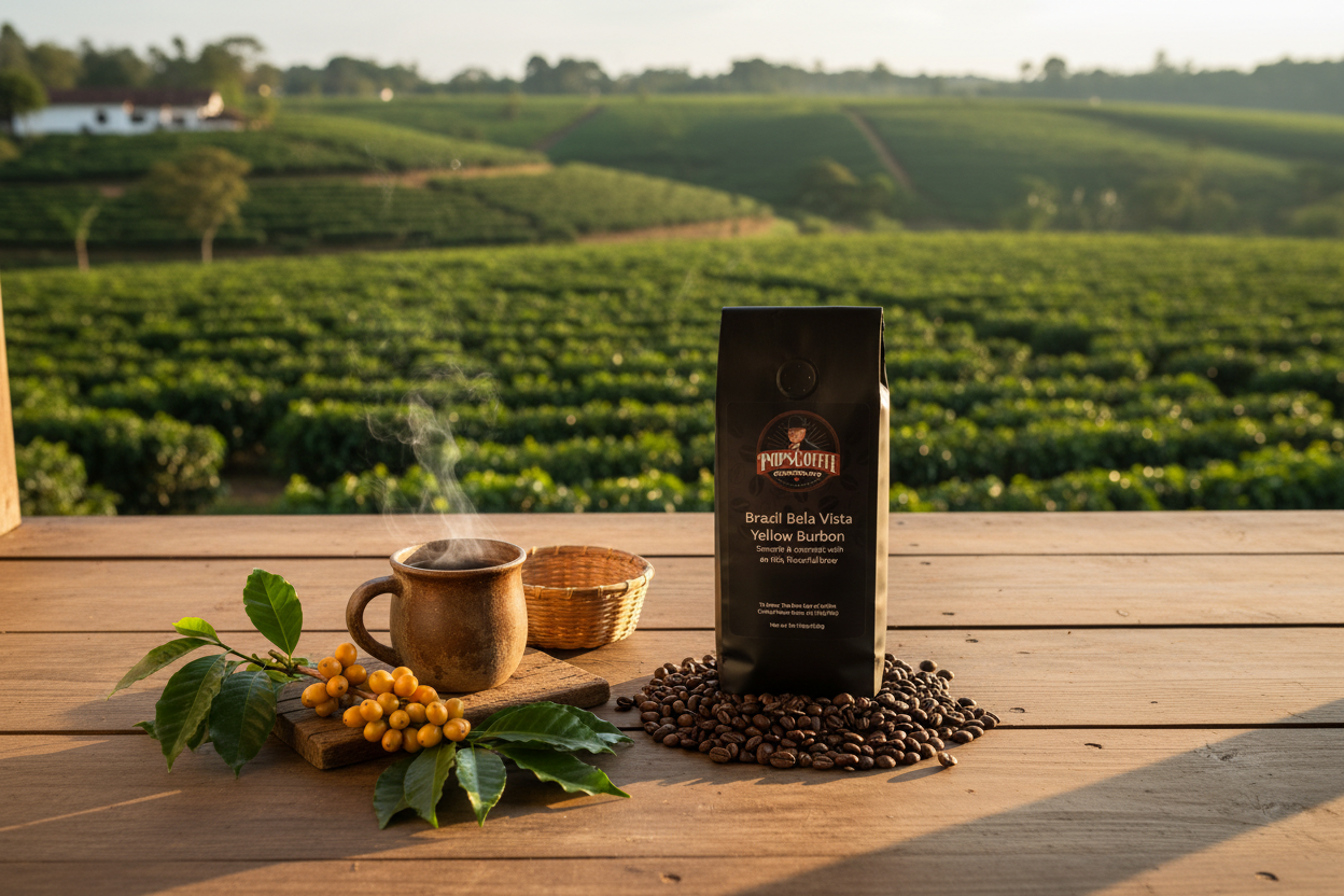 Pops Coffee Company Brazil Bela Vista Yellow Bourbon bag on a Brazilian fazenda porch with yellow bourbon coffee cherries