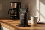 Pops Coffee Company Pops House Blend bag on a cozy kitchen counter with drip coffee maker and morning light
