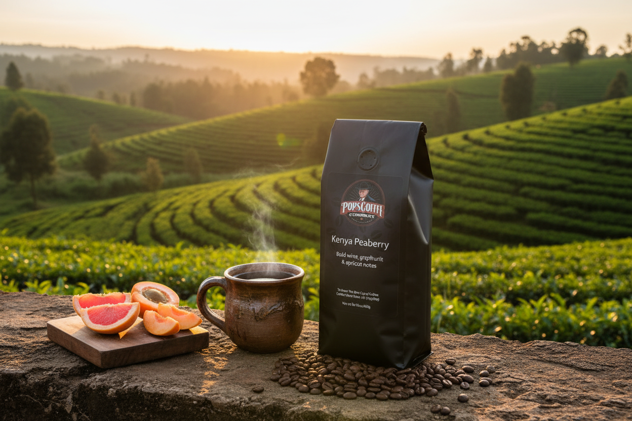 Pops Coffee Company Kenya Peaberry bag on stone in the Kenyan highlands with coffee terraces and apricots at sunrise