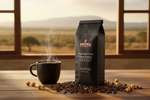 Pops Coffee Company Brazil Bela Vista Yellow Bourbon bag on warm wood with golden coffee cherries and Brazilian cerrado landscape