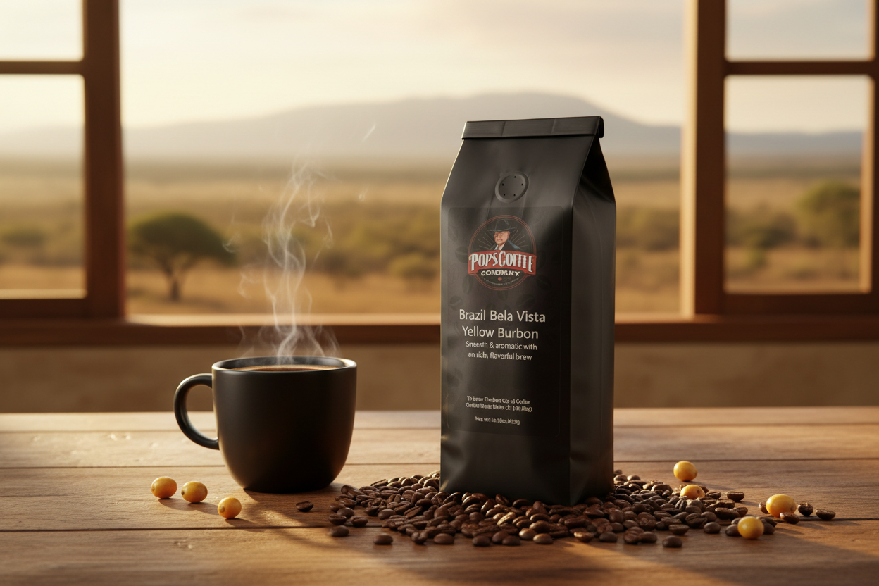 Pops Coffee Company Brazil Bela Vista Yellow Bourbon bag on warm wood with golden coffee cherries and Brazilian cerrado landscape