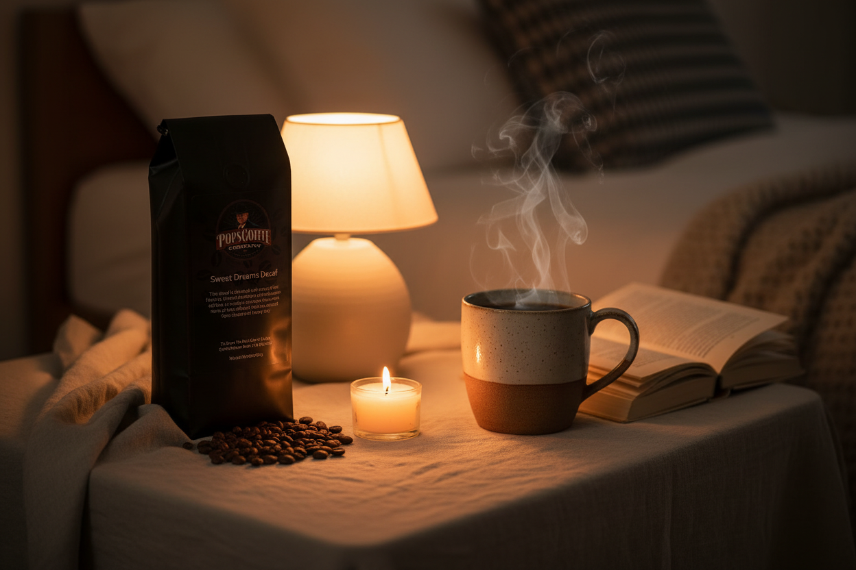 Pops Coffee Company Sweet Dreams Decaf bag on a soft linen nightstand with glowing lamp and steaming mug