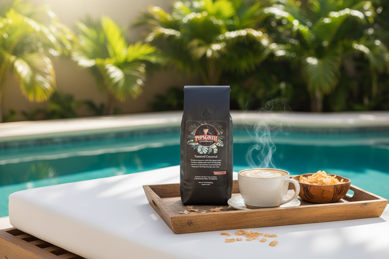 Pops Coffee Company Toasted Coconut bag on a tropical poolside lounge tray with creamy coffee and palm fronds