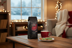 Pops Coffee Company Spiced Holiday Cookie bag on a cozy living room table with steaming coffee and decorated Christmas cookies
