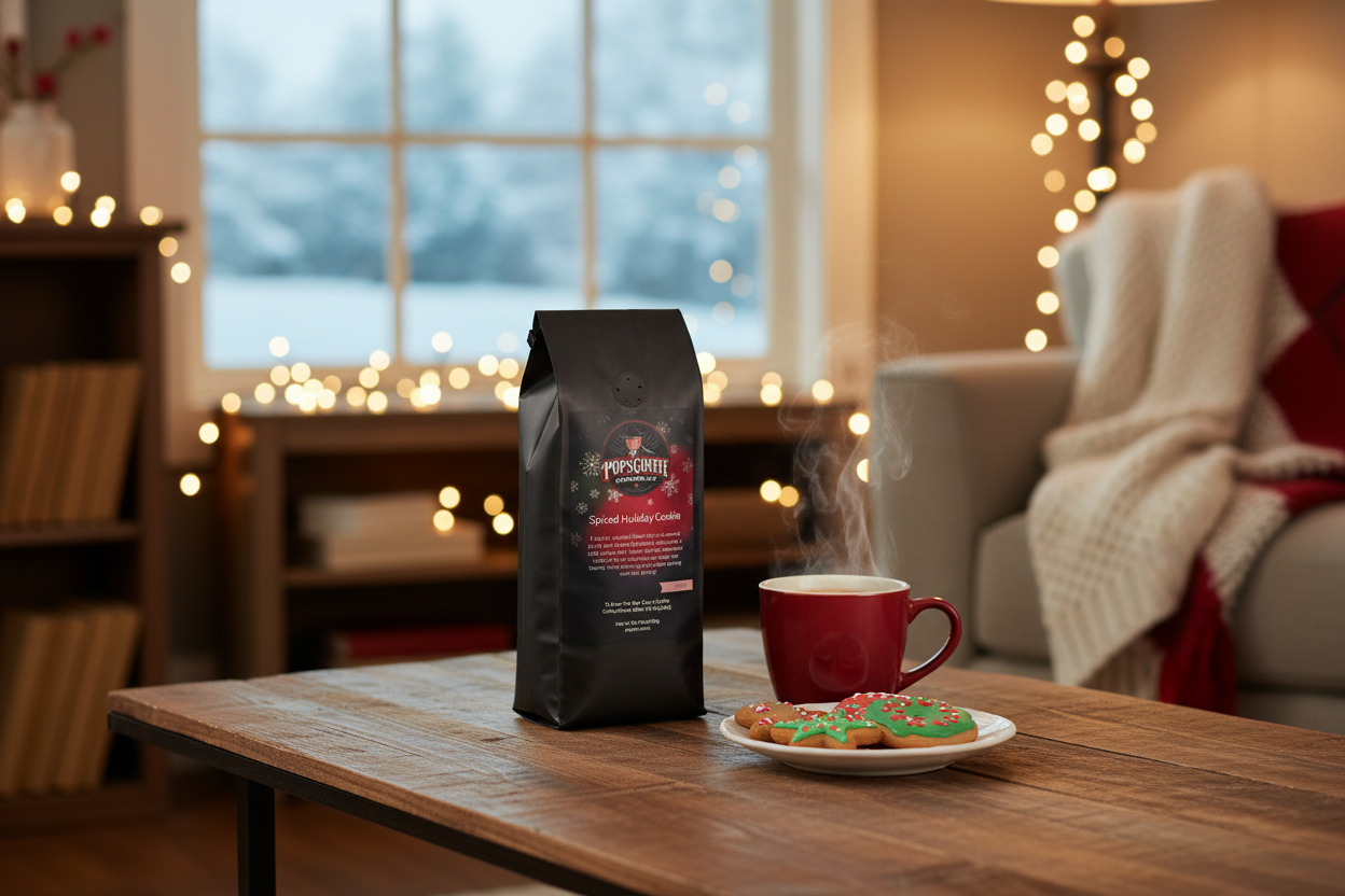 Pops Coffee Company Spiced Holiday Cookie bag on a cozy living room table with steaming coffee and decorated Christmas cookies