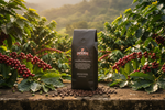 Pops Coffee Company Costa Rican Doka Estate bag outdoors with tropical Costa Rican coffee farm greenery and golden hour light