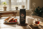 Pops Coffee Company French Toast bag on a sunlit kitchen table with cinnamon French toast, fresh berries and maple syrup