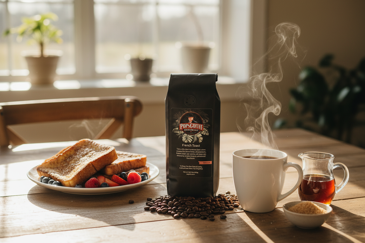 Pops Coffee Company French Toast bag on a sunlit kitchen table with cinnamon French toast, fresh berries and maple syrup
