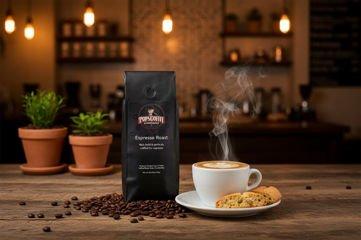 Pops Coffee Company Espresso Roast bag on a rustic wooden table in a cozy Italian cafe with steaming macchiato and biscotti