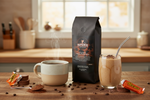 Pops Coffee Company Chocolate Peanut Butter Bliss bag on a kitchen counter with steaming coffee and chocolate peanut butter smoothie